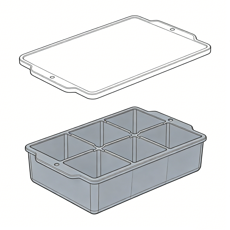 scale technical drawing of an 8-compartment silicone ice tray with a lid, ideal for kitchenware manufacturing and wholesale